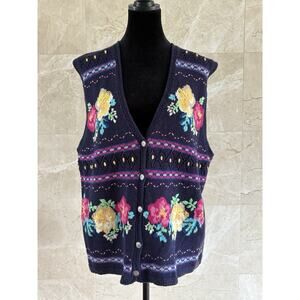Vtg 90s Jantzen Hand Knit Vest - L Navy Floral Cottage Spring Grandmacore